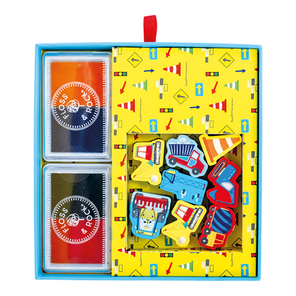 Internal view Floss and Rock My Stampler Set - Construction Site, creative arts and crafts kit for kids including themed stamps, ink pads, and stationery.