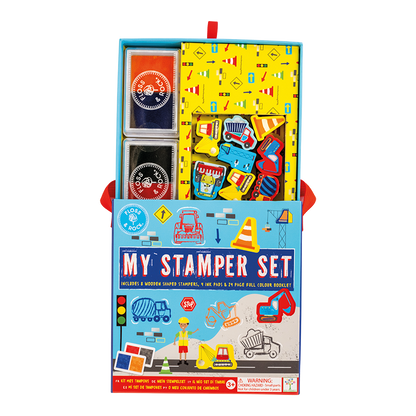 Detail of Floss and Rock My Stampler Set - Construction Site, creative arts and crafts kit for kids including themed stamps, ink pads, and stationery.