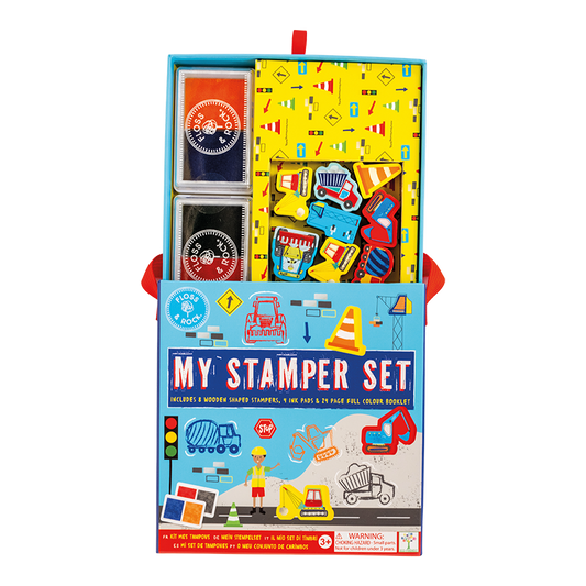 Detail of Floss and Rock My Stampler Set - Construction Site, creative arts and crafts kit for kids including themed stamps, ink pads, and stationery.