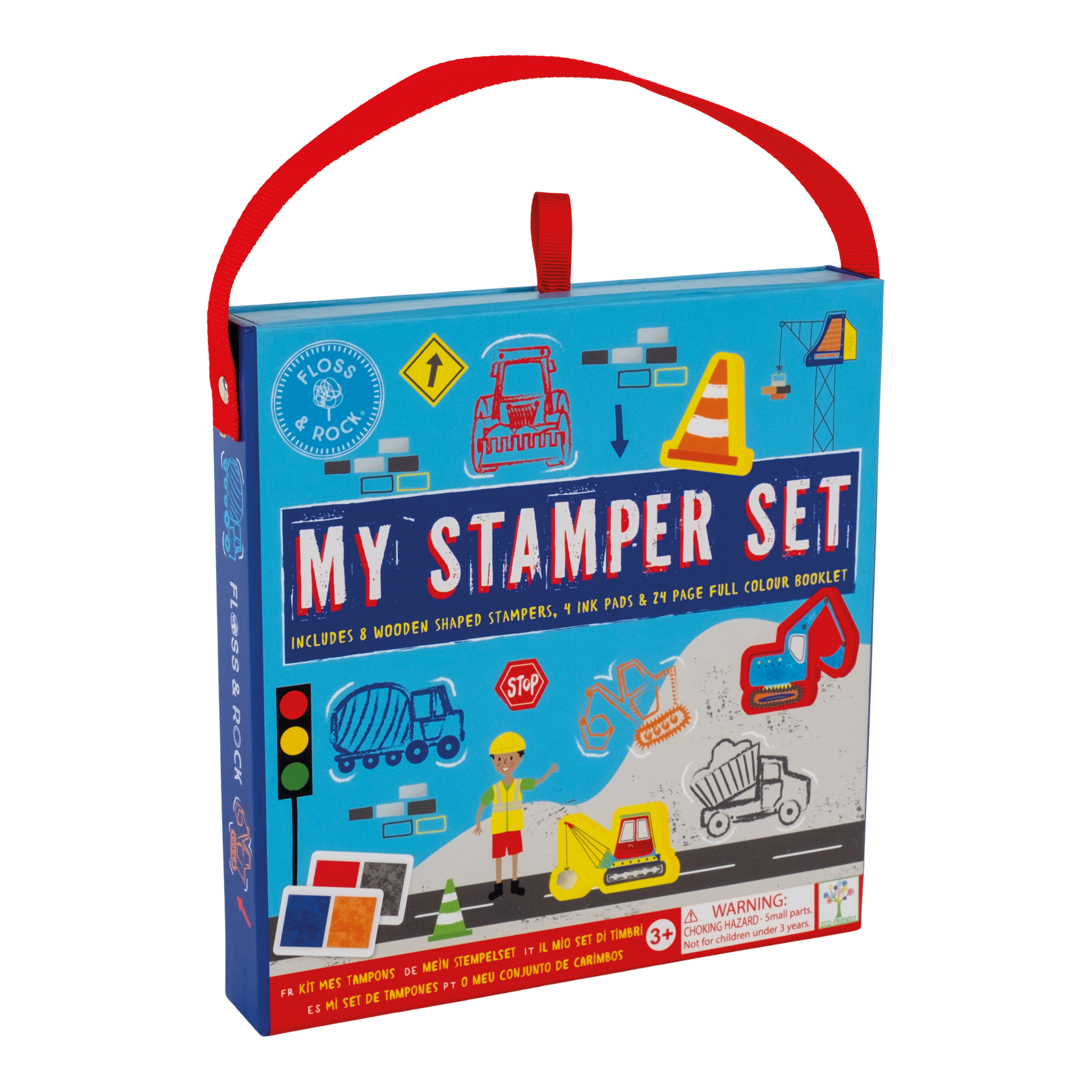 Floss and Rock My Stampler Set - Construction Site, creative arts and crafts kit for kids including themed stamps, ink pads, and stationery.