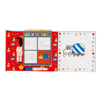 Internal view Floss and Rock Drawing Kit - Construction Site, creative arts and crafts kit for kids including themed stamps, ink pads, and stationery.