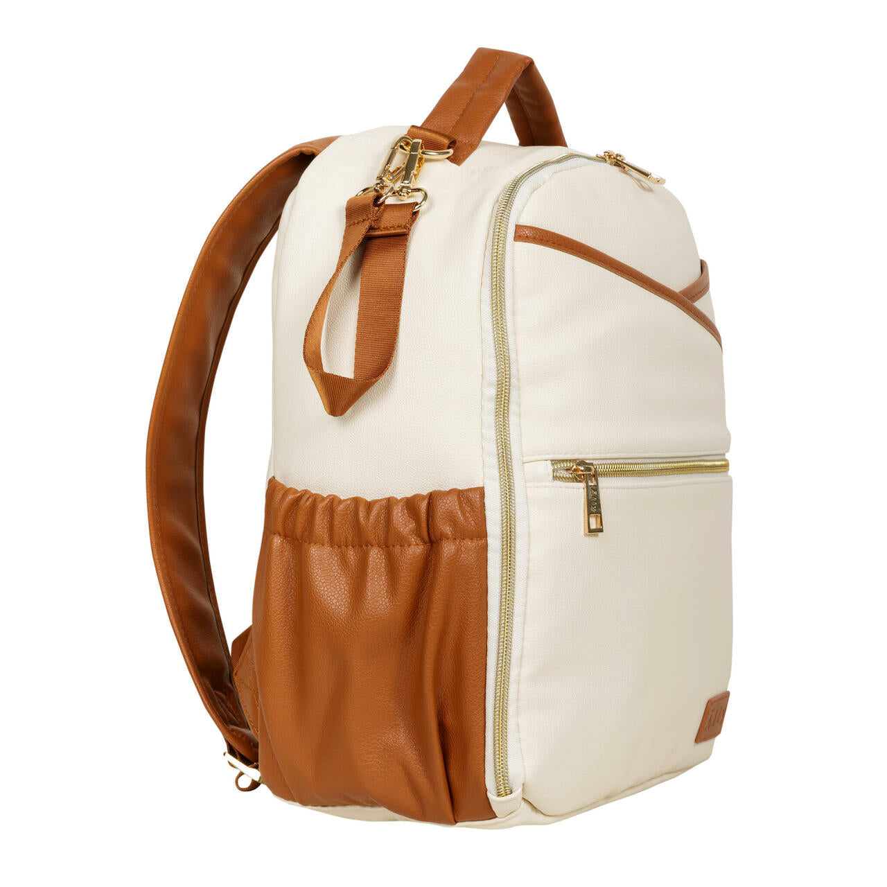 Side view showing the stretchable pocket of the Cappuccino backpack