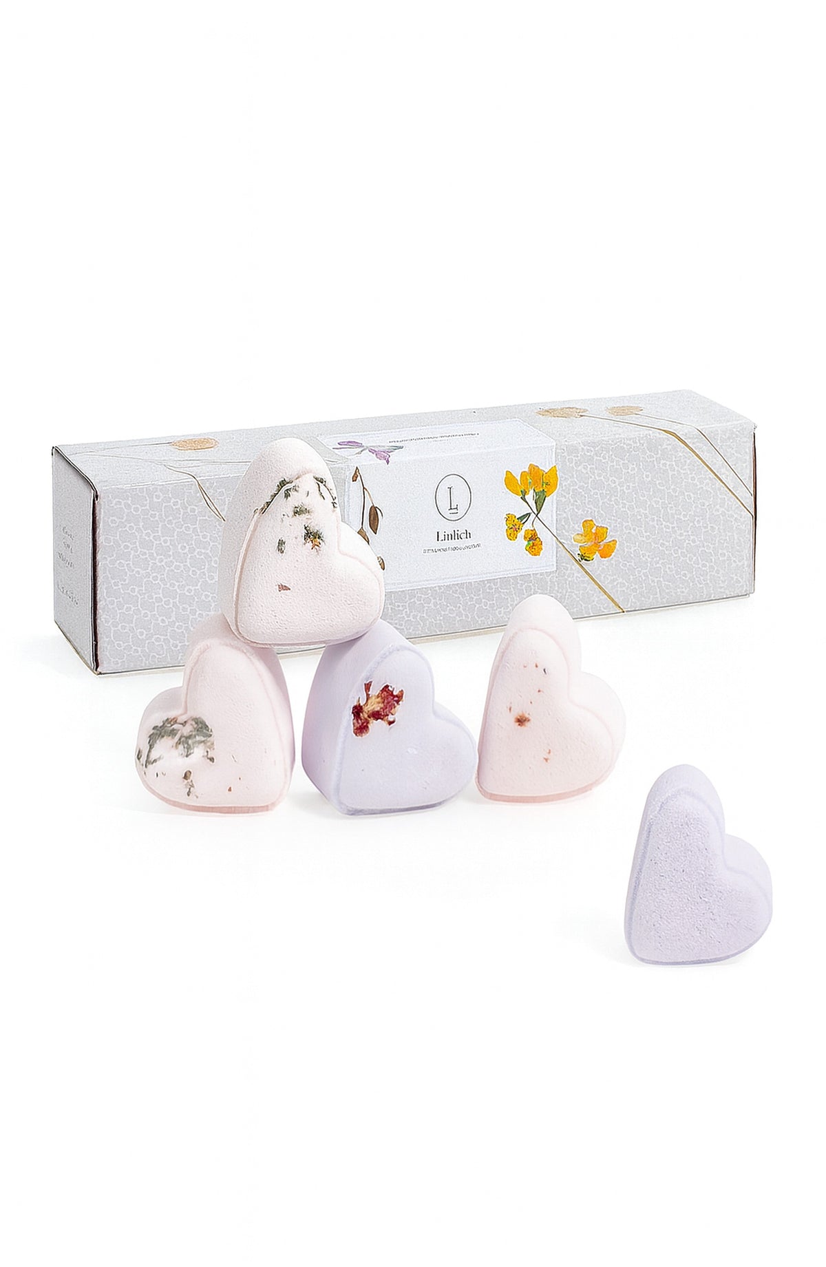 Lavender Heart Bath Bomb Gift Set - 5 handmade lavender bath fizzies gift box | Lizush on a clean background