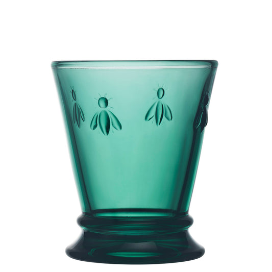 Single La Rochère Bee water glass 250ml in deep emerald green, thick pressed glass