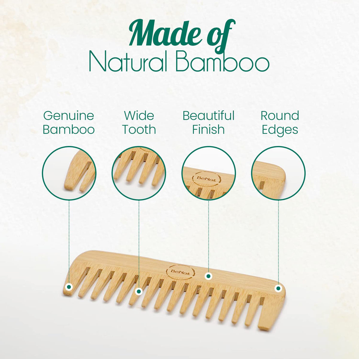 Features of BeNat All-Natural Bamboo Hair Comb displaying anti-static smooth wooden teeth