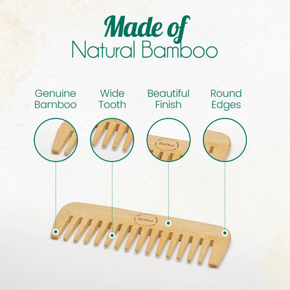 Features of BeNat All-Natural Bamboo Hair Comb displaying anti-static smooth wooden teeth