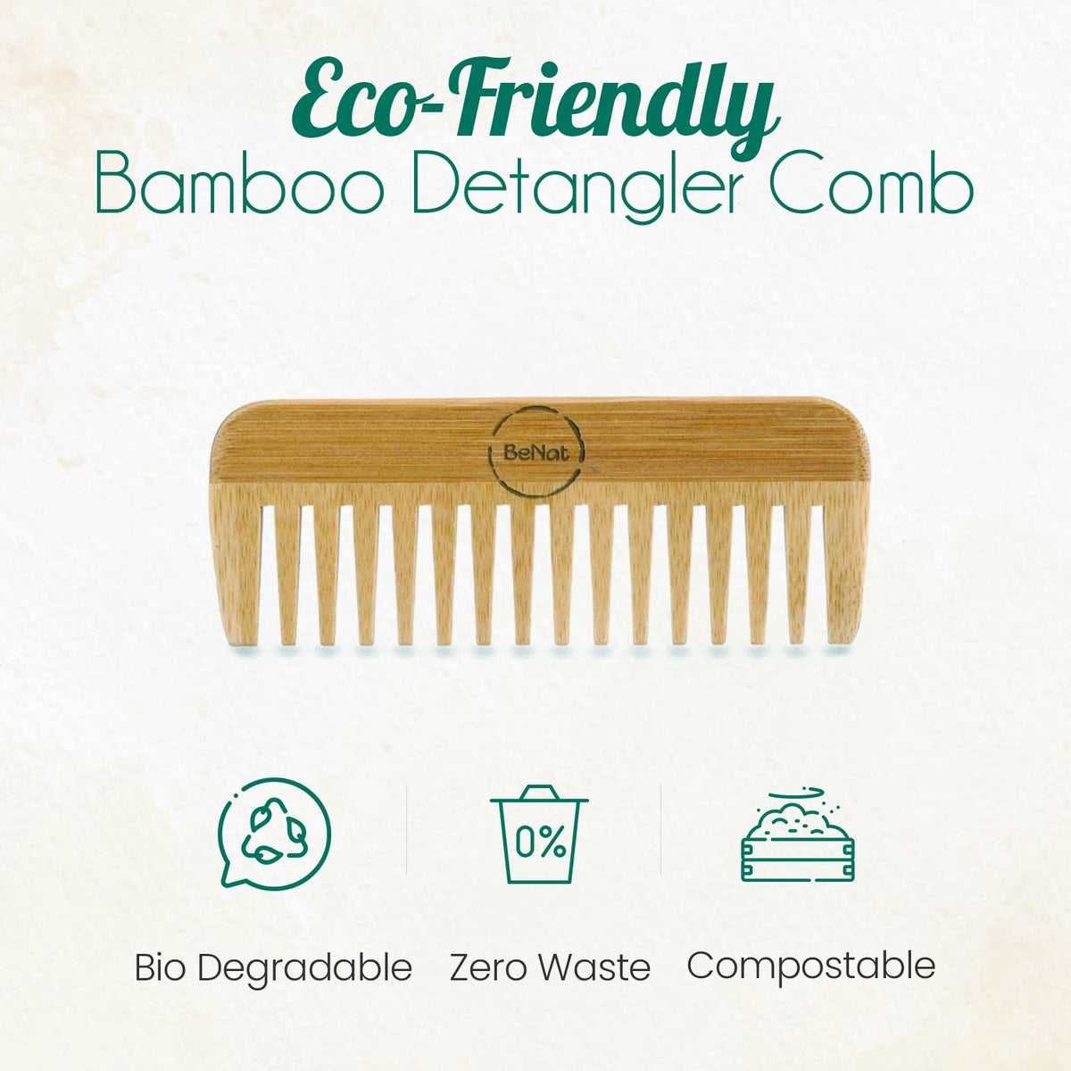 Other view features of BeNat All-Natural Bamboo Hair Comb displaying anti-static smooth wooden teeth