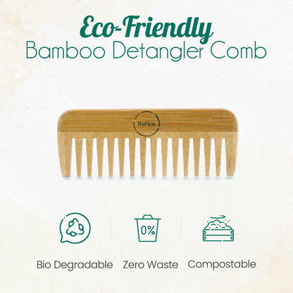 Other view features of BeNat All-Natural Bamboo Hair Comb displaying anti-static smooth wooden teeth