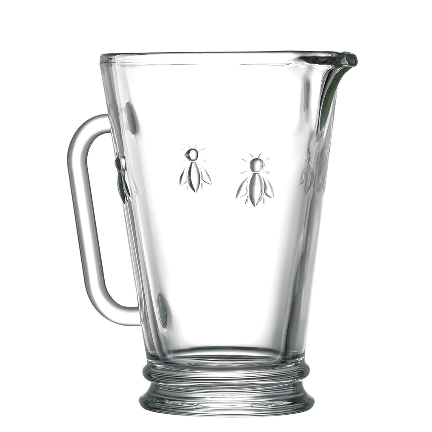 Main product photograph of the clear La Rochère Bee glass jug 860ml featuring a sturdy handle and the classic embossed bee design