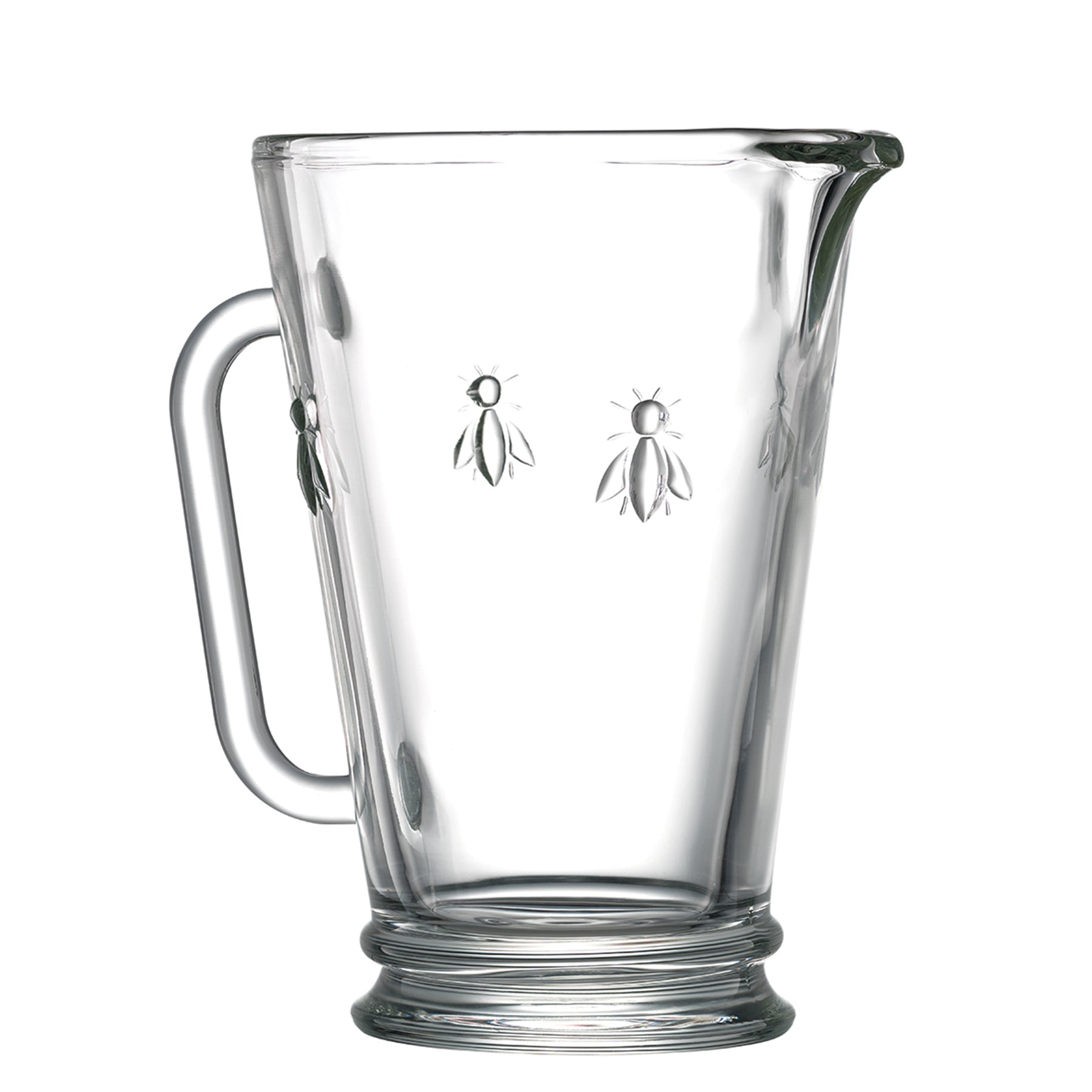 Main product photograph of the clear La Rochère Bee glass jug 860ml featuring a sturdy handle and the classic embossed bee design