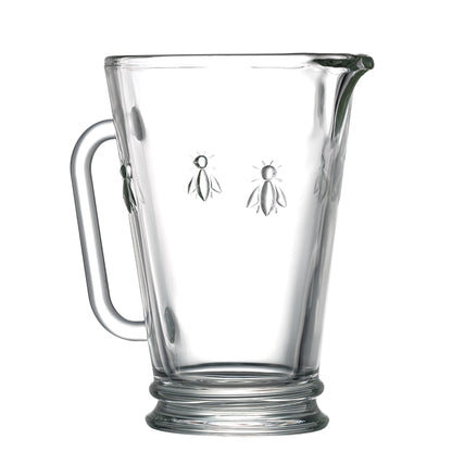 Main product photograph of the clear La Rochère Bee glass jug 860ml featuring a sturdy handle and the classic embossed bee design