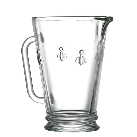 Main product photograph of the clear La Rochère Bee glass jug 860ml featuring a sturdy handle and the classic embossed bee design