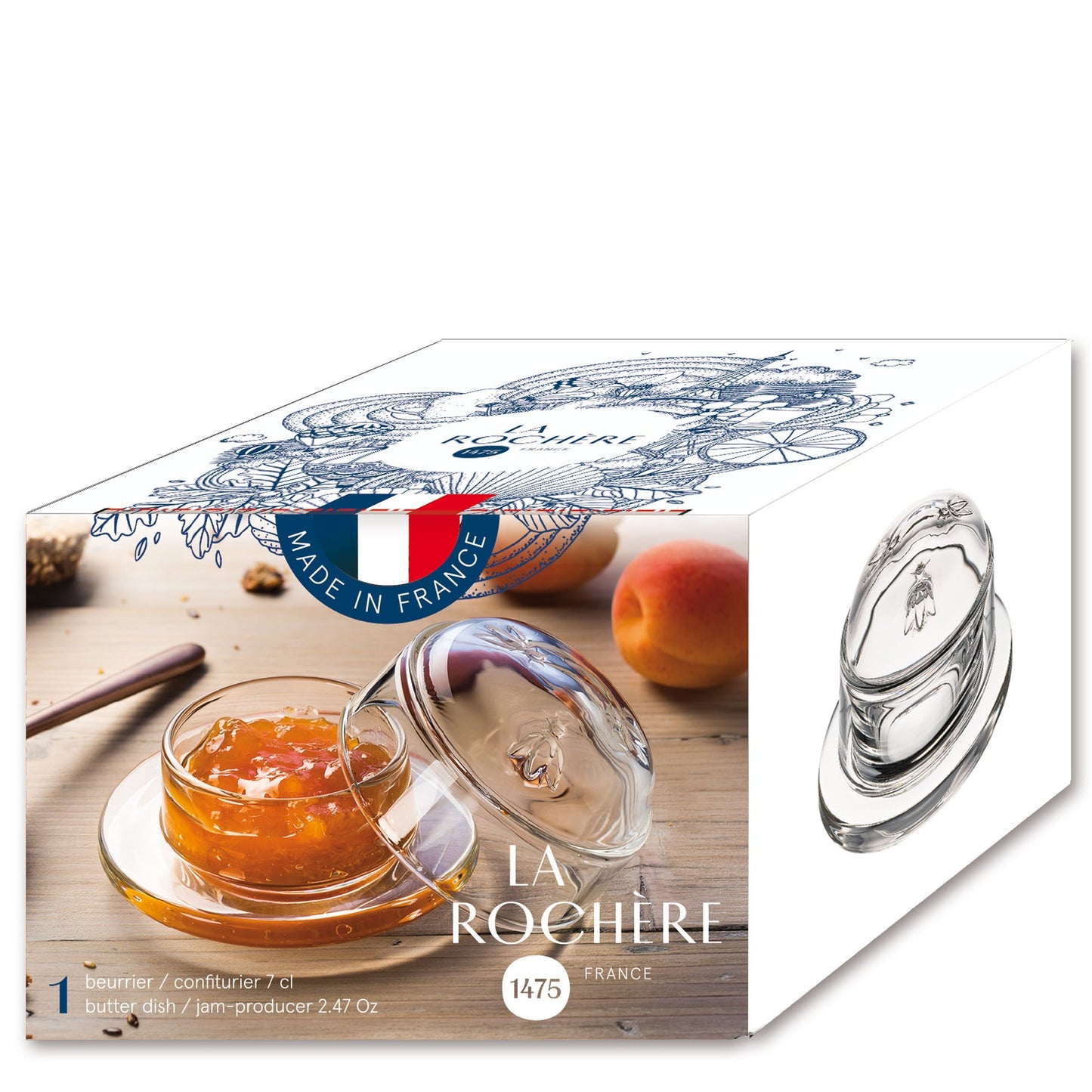 Authentic branded packaging box for the La Rochère Bee glass butter dish set
