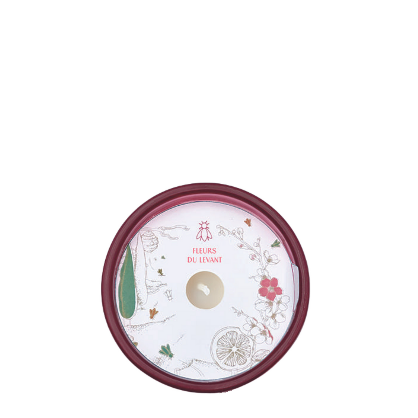 Aerial top-down view of the La Rochère Cherry Blossom scented candle showing the white wax and wick