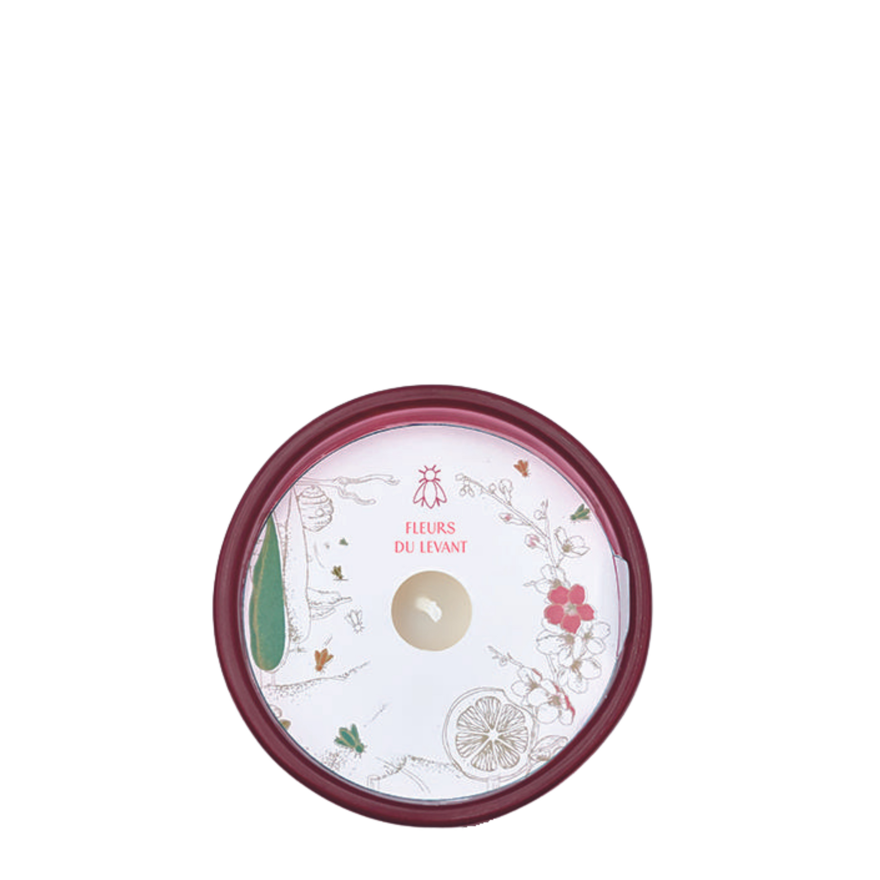 Aerial top-down view of the La Rochère Cherry Blossom scented candle showing the white wax and wick