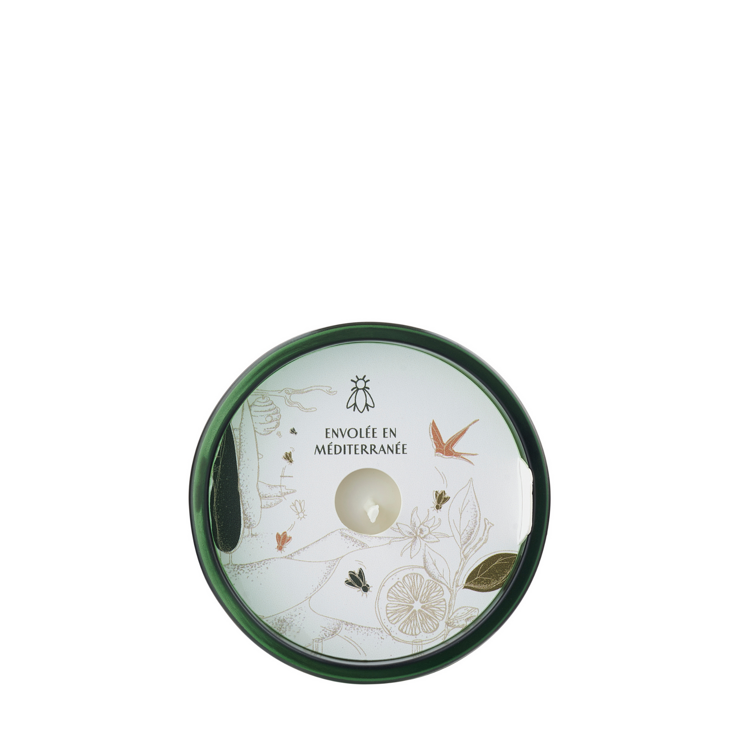 Top-down view of the La Rochère Cedar glass candle showing the poured soy wax and wick
