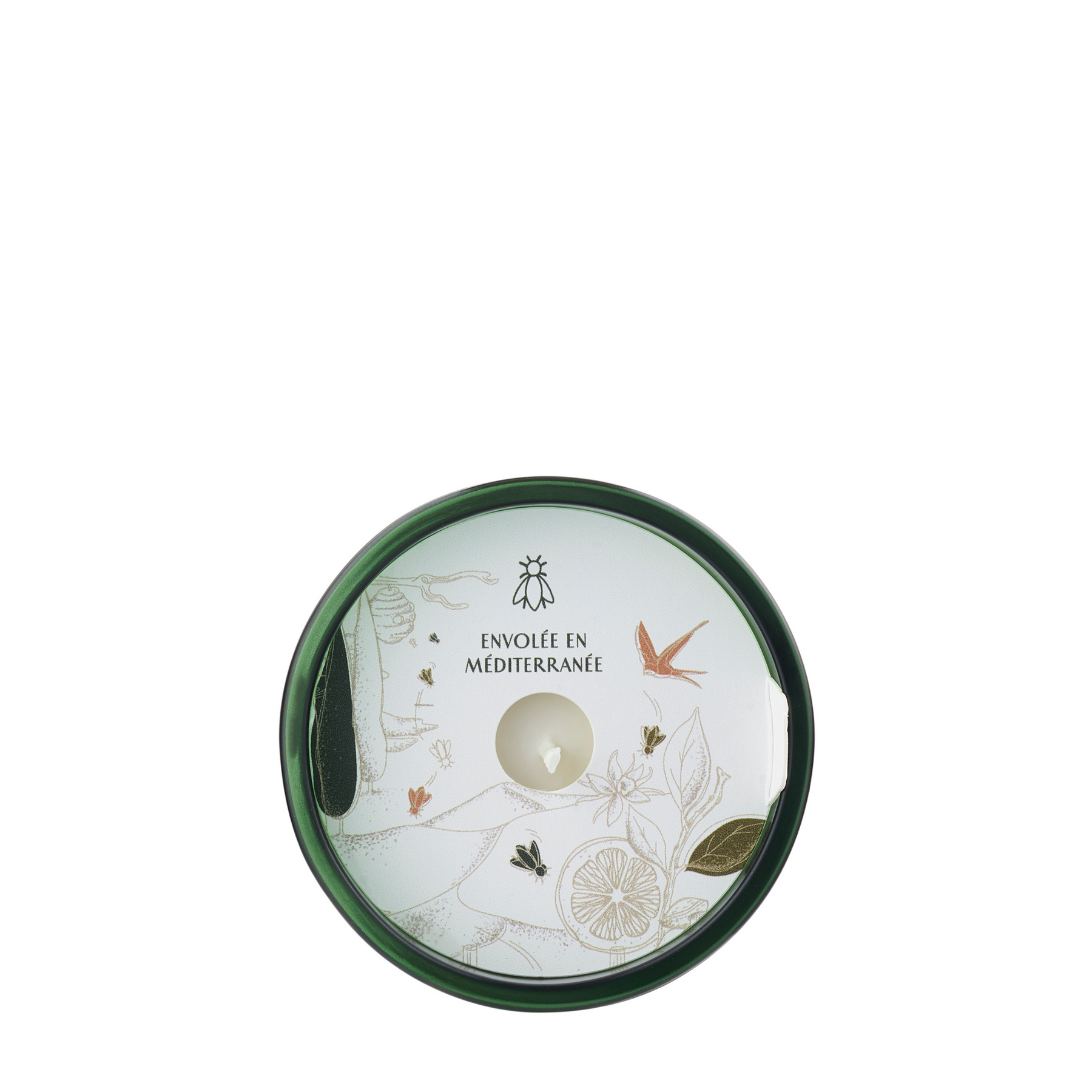 Top-down view of the La Rochère Cedar glass candle showing the poured soy wax and wick