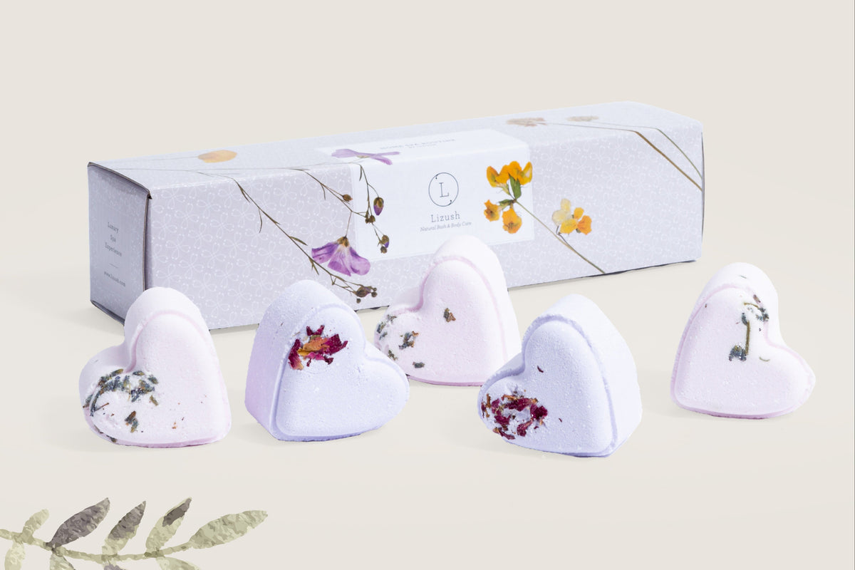 Lavender Heart Bath Bomb Gift Set - 5 handmade lavender bath fizzies gift box | Lizush