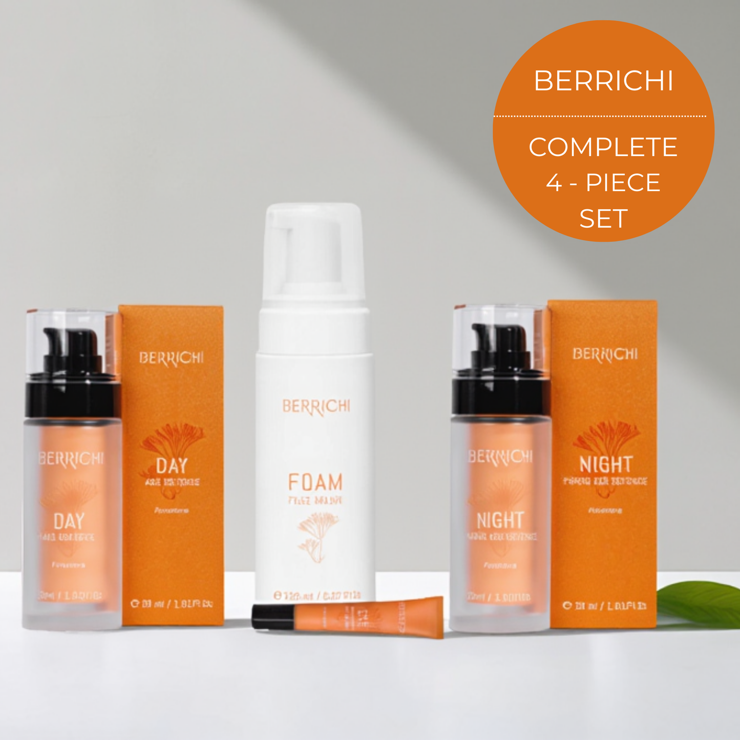 BERRICHI Absolute Algae Protocol 4-piece skincare set: Facial Cleansing Foam, Eye Cream, and refillable Day and Night creams. Complete anti-aging marine algae regimen.