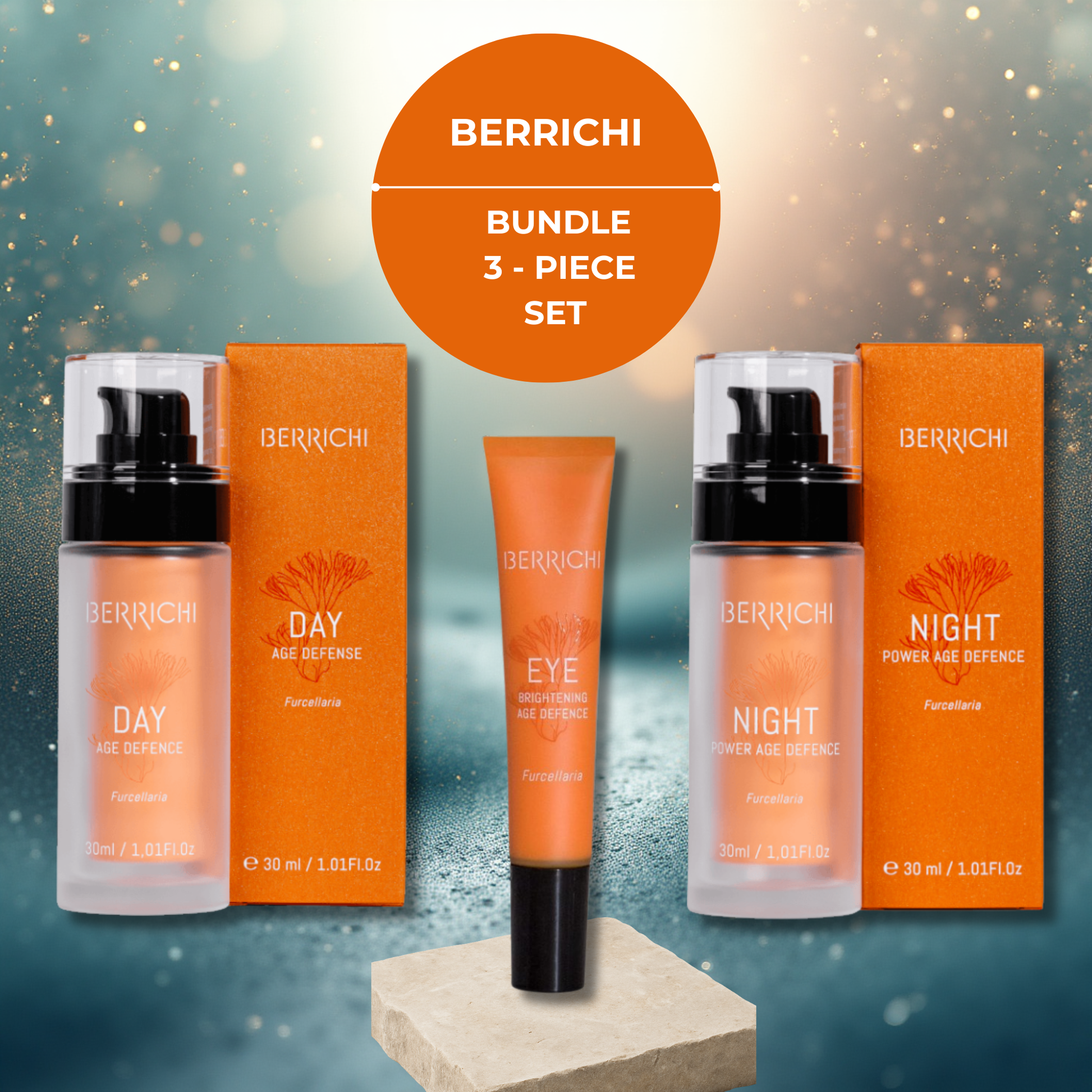 BERRICHI Ultimate Algae Infusion 3-piece set: Eye Cream and refillable Day and Night creams. Marine antioxidant skincare for a complete daily routine.