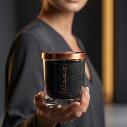Woman elegantly dressed in black holding a Candledust Black unscented pearled glass candle