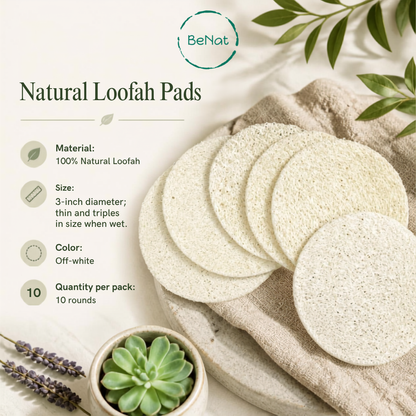 Feature of BeNat 10-Pack Natural Loofah Pads packaging with biodegradable round exfoliating sponges 