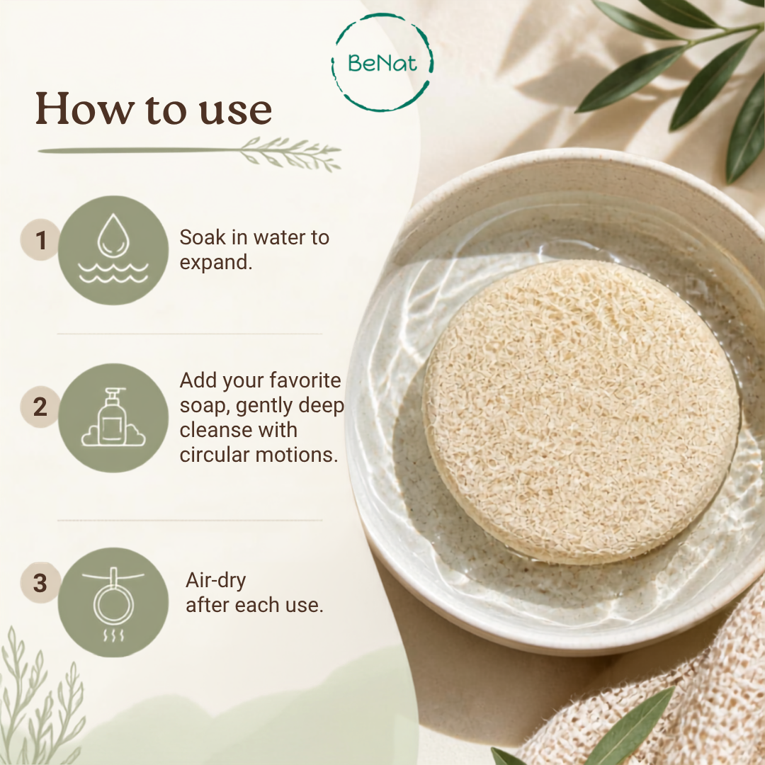 How to use BeNat 10-Pack Natural Loofah Pads packaging with biodegradable round exfoliating sponges
