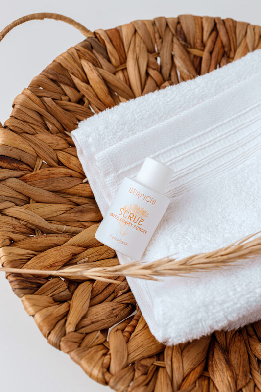 Top View of Berrichi Reveal Purity Powder SCRUB in sustainable pouch