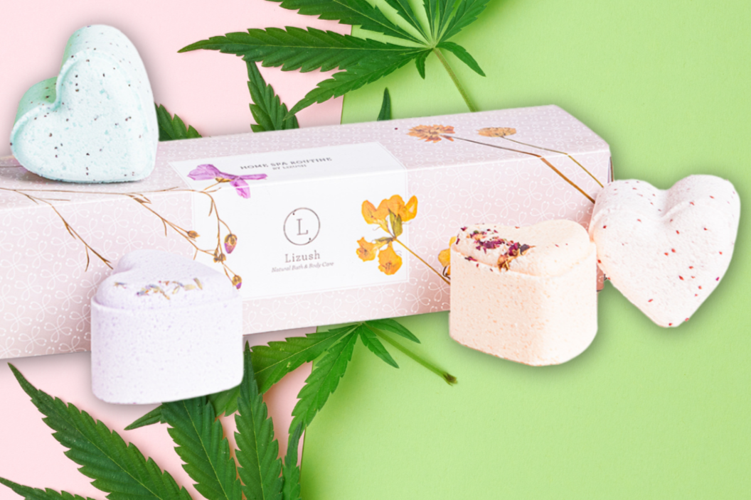 Close up of CBD Valentine's Bath Bomb Gift Set - 5 heart-shaped 25mg CBD bath bombs overview | Lizush