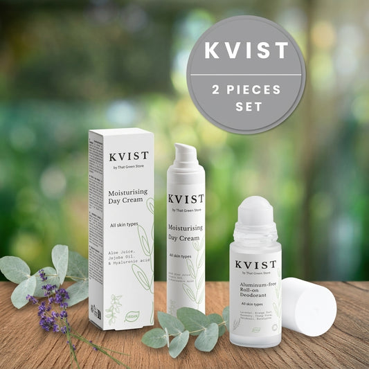 KVIST Clean & Fresh Daily Care 2-Piece Set - Moisturising Day Cream and Natural Roll-On Deodorant  on a wooden table