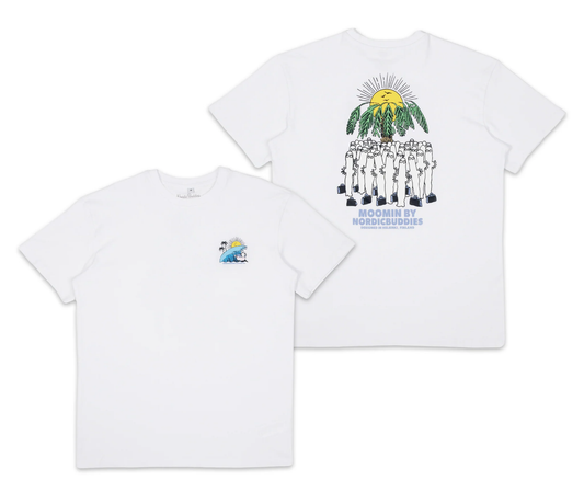 Front and Back view of Hattifatteners Surf Trip T-Shirt Unisex White - Fun Moomin graphic tee by Nordicbuddies.