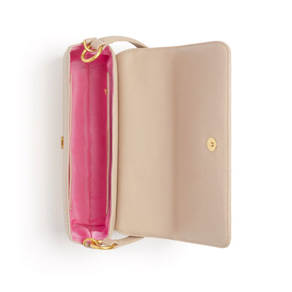 Internal view: Recycled interior lining and organizational pockets inside the Aurora Crossbody Bag by LaBante London.