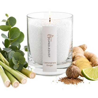 Candledust Lemongrass Ginger scented pearled candle in a 160g glass jar with ginger lime and nutmeg