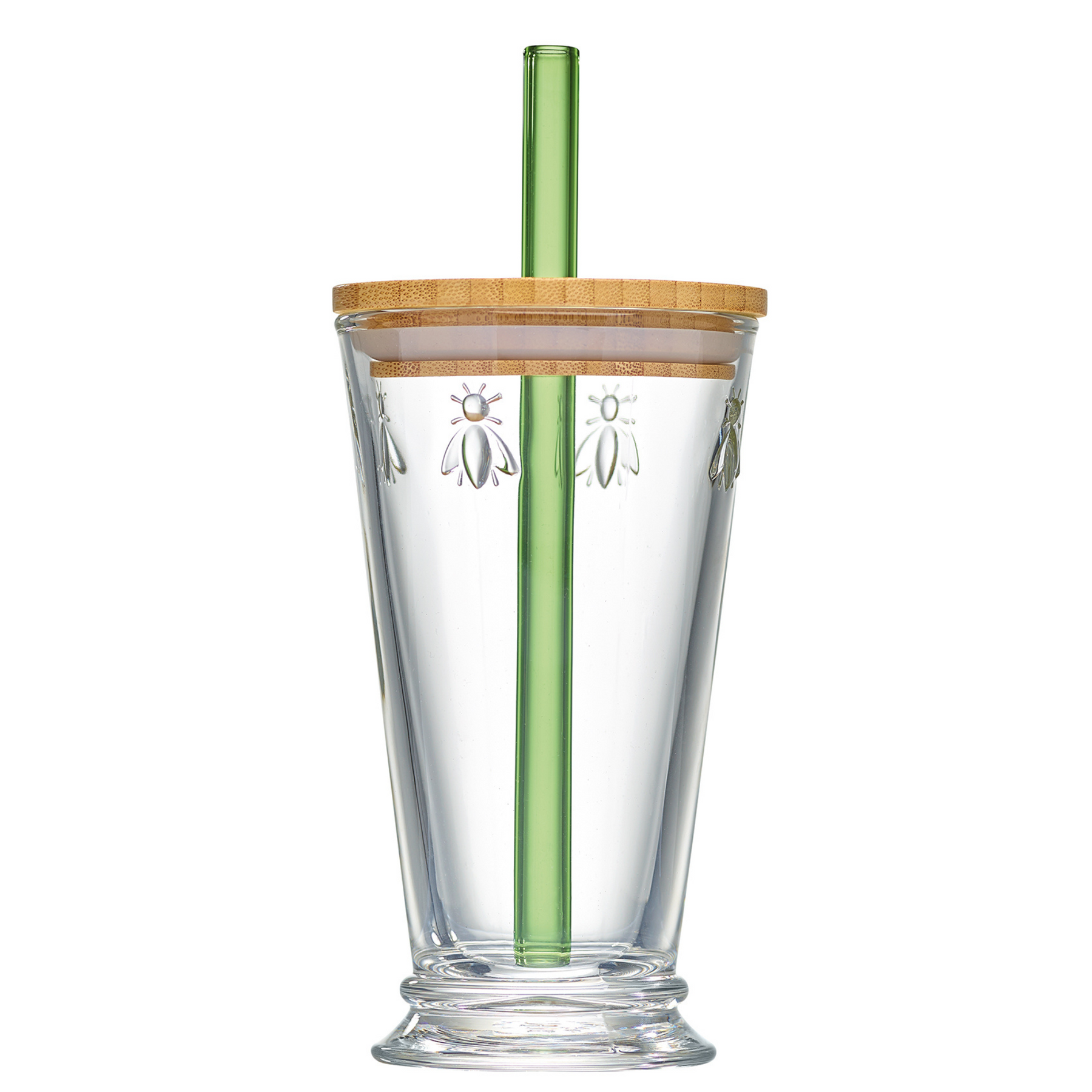 Main product photograph of a single, clear La Rochère Bee Smoothie Glass (420 ml) with the signature embossed bee motif
