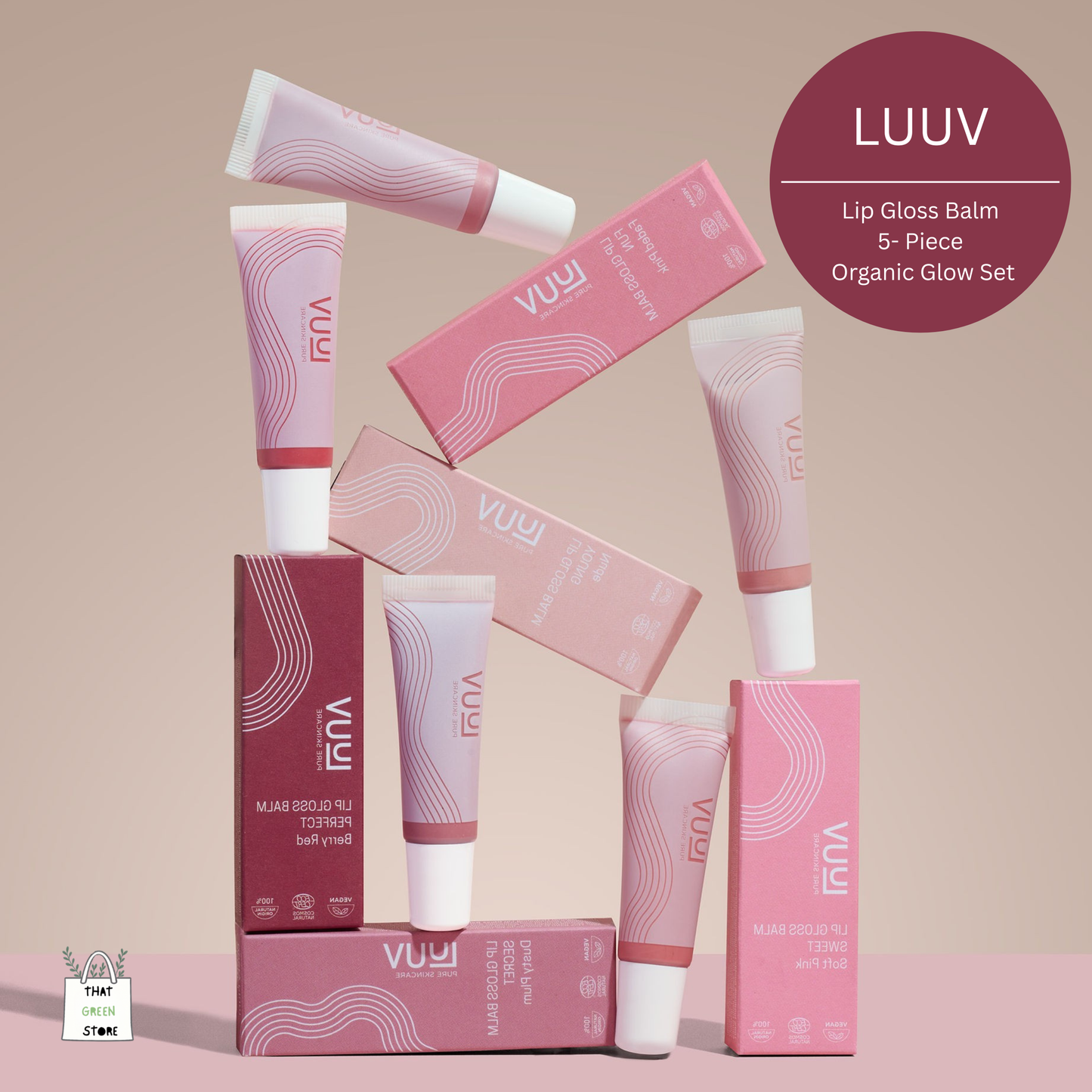 LUUV Ultimate Vegan Lip Gloss Collection featuring five organic lip gloss balm tubes in a range of natural shades, displayed together.