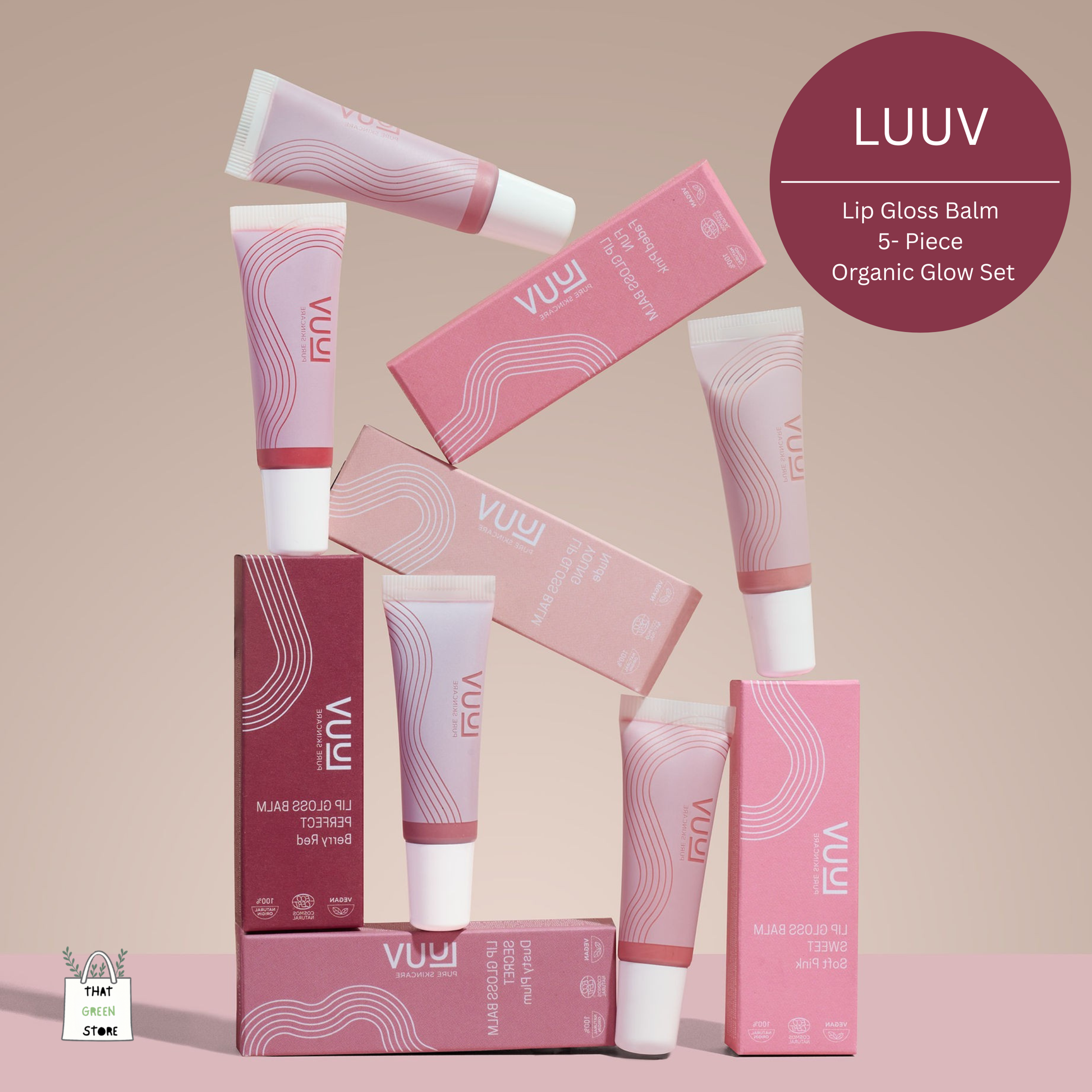 LUUV Ultimate Vegan Lip Gloss Collection featuring five organic lip gloss balm tubes in a range of natural shades, displayed together.