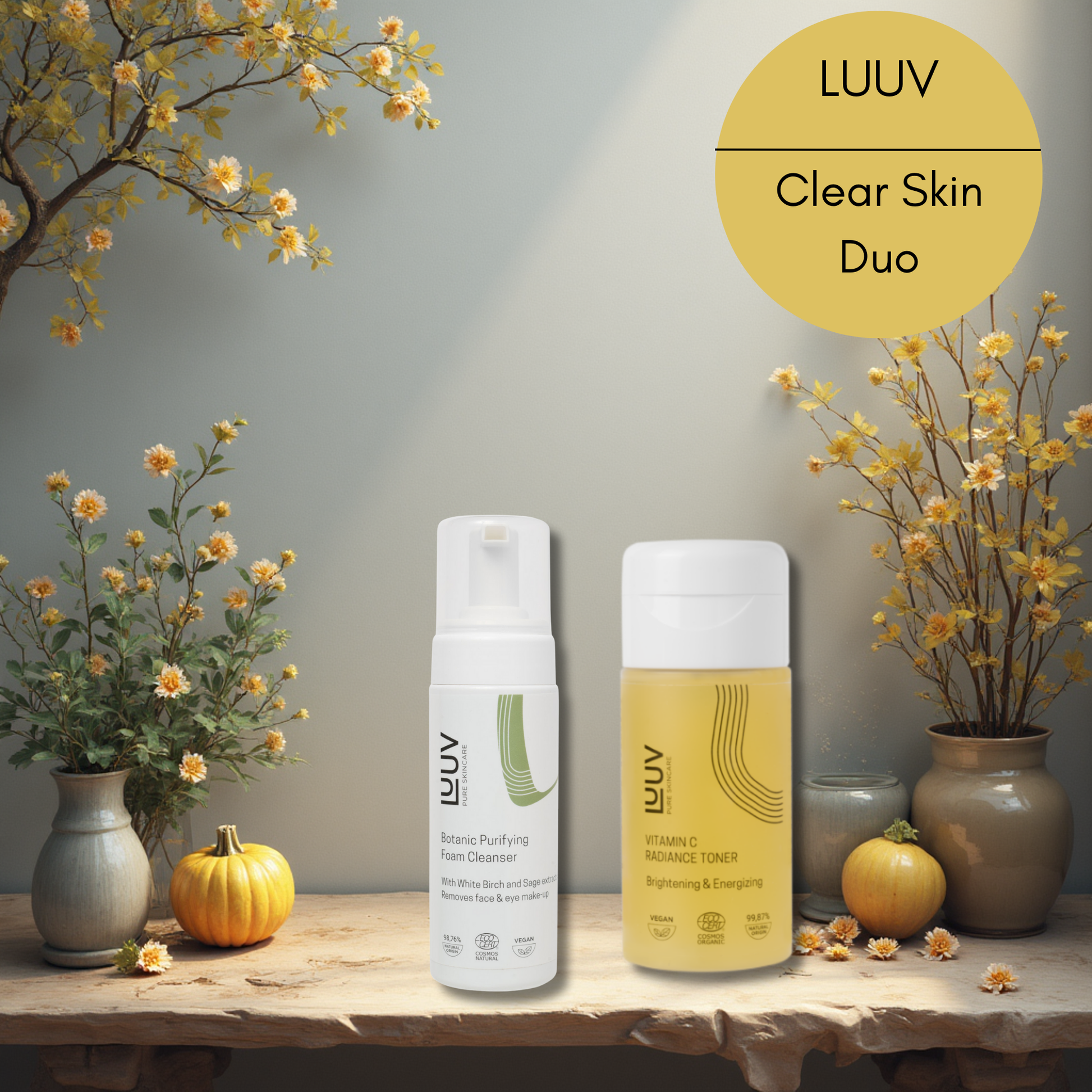 LUUV Clear Skin Ritual bundle featuring Botanic Purifying Foam Cleanser (150ml) and Vitamin C Radiance Toner (120ml) in eco-friendly packaging. Organic certified daily skincare set for a purified and glowing complexion.