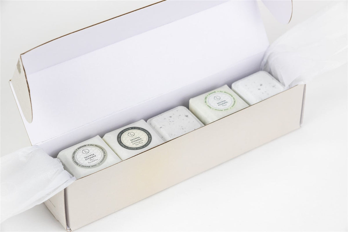 Earthy Shower Steamer Gift Box - 5 natural aromatherapy shower fizzies overview | Lizush Open box