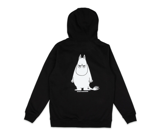 Official Moomintroll's Temper black unisex hoodie Back view with pullover hood