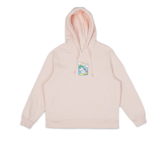 Front view of the light pink Moomintroll's Adventure ladies hoodie on a clean background
