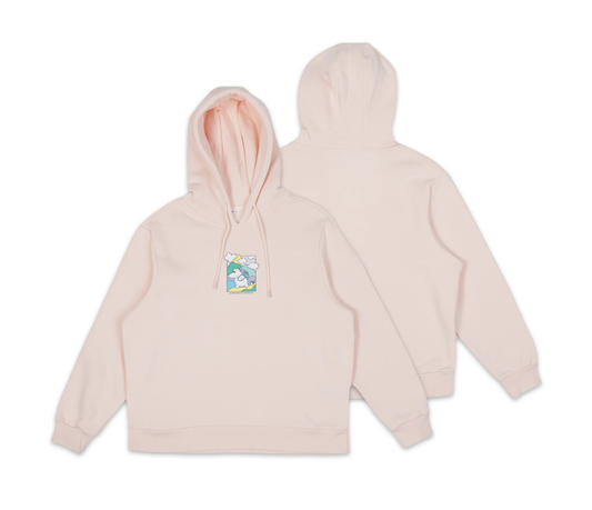 Front and back view of the light pink Moomintroll's Adventure ladies hoodie on a clean background