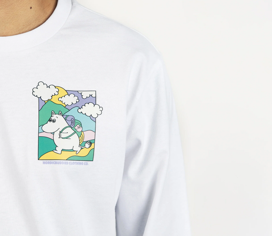 Close-up shot of the Moomintroll's Adventure printed artwork, white cotton fabric texture
