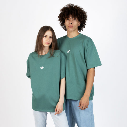 Male and Female models wearing the unisex Moomin Classics Heavy T-Shirt Green.