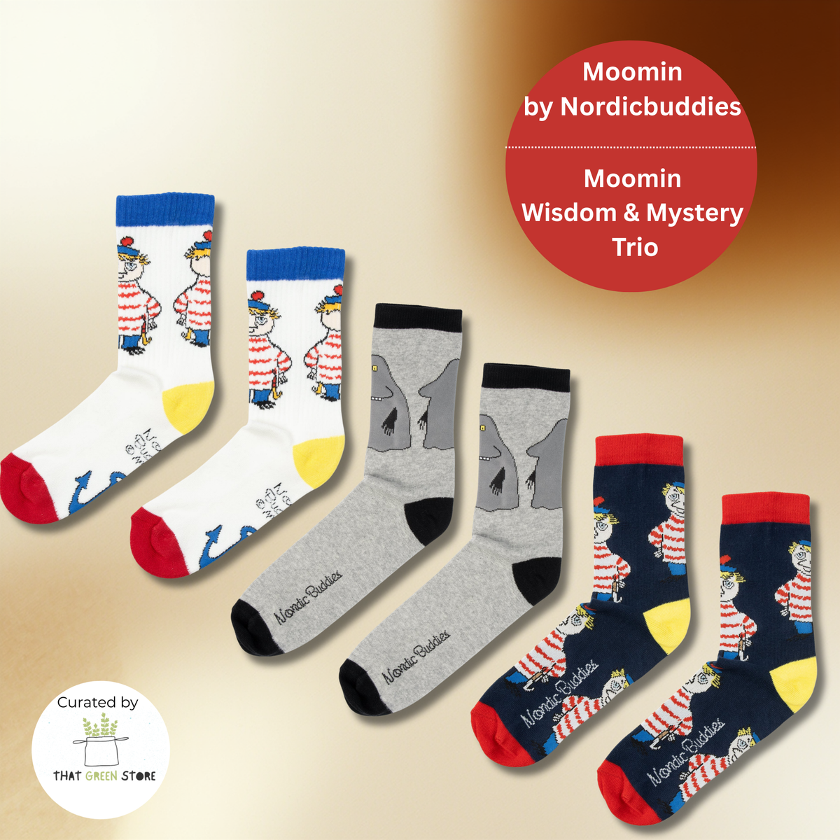 Moomin by Nordicbuddies Moomin Wisdom & Mystery Trio curated by That Green Store. A three-pair sock bundle featuring Too-Ticky on white and navy socks, and the Groke on grey socks."
