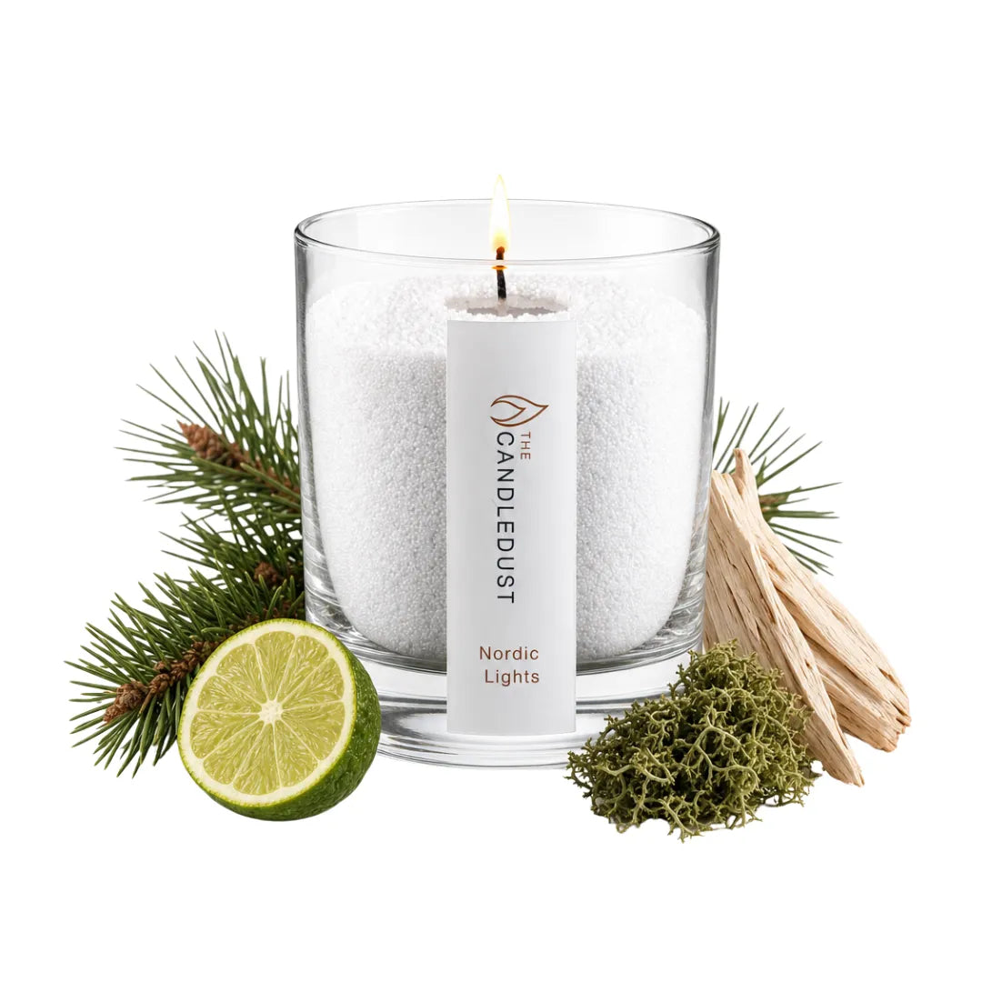 Candledust Nordic Lights scented pearled candle in a 160g glass jar with  Pine and Oakmoss