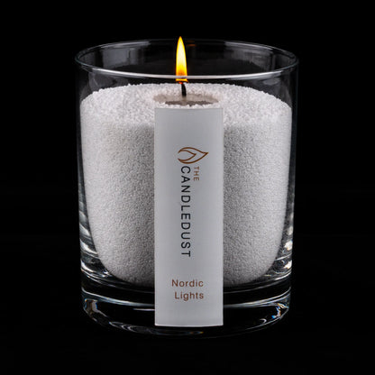 Candledust Nordic Lights scented pearled candle in a 160g glass jar on a black background