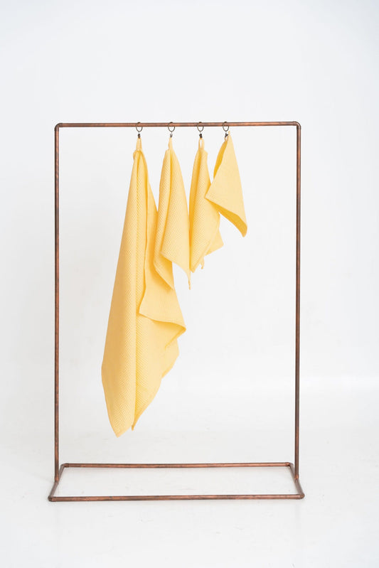Organic Waffle Cotton Towel Set of 4 in Yellow - Full Hanging Display | NUSS