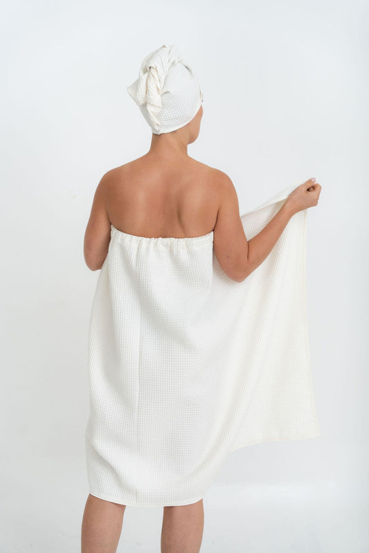 Cream Women's Organic Cotton Waffle Spa Wrap Towel - Back View | NUSS