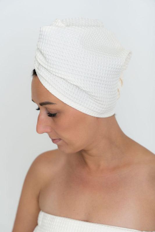 Women's Secure Fit Cotton Hair Towel Wrap in Cream - Front View | NUSS