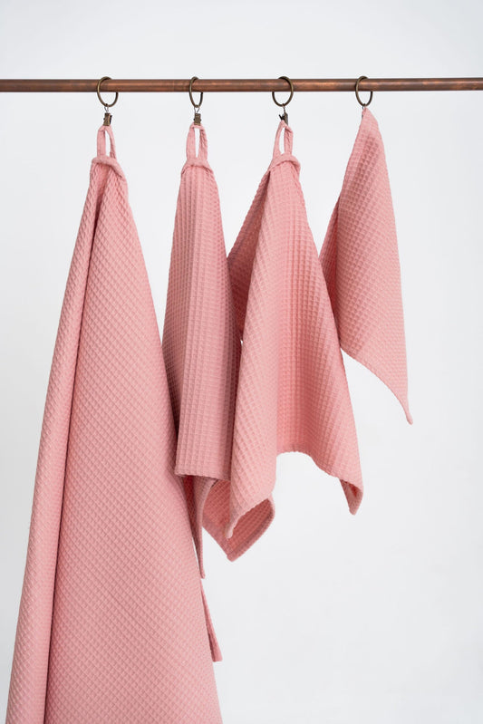 Peach Organic Waffle Cotton Towel Set Hanging - Medium View | NUSS